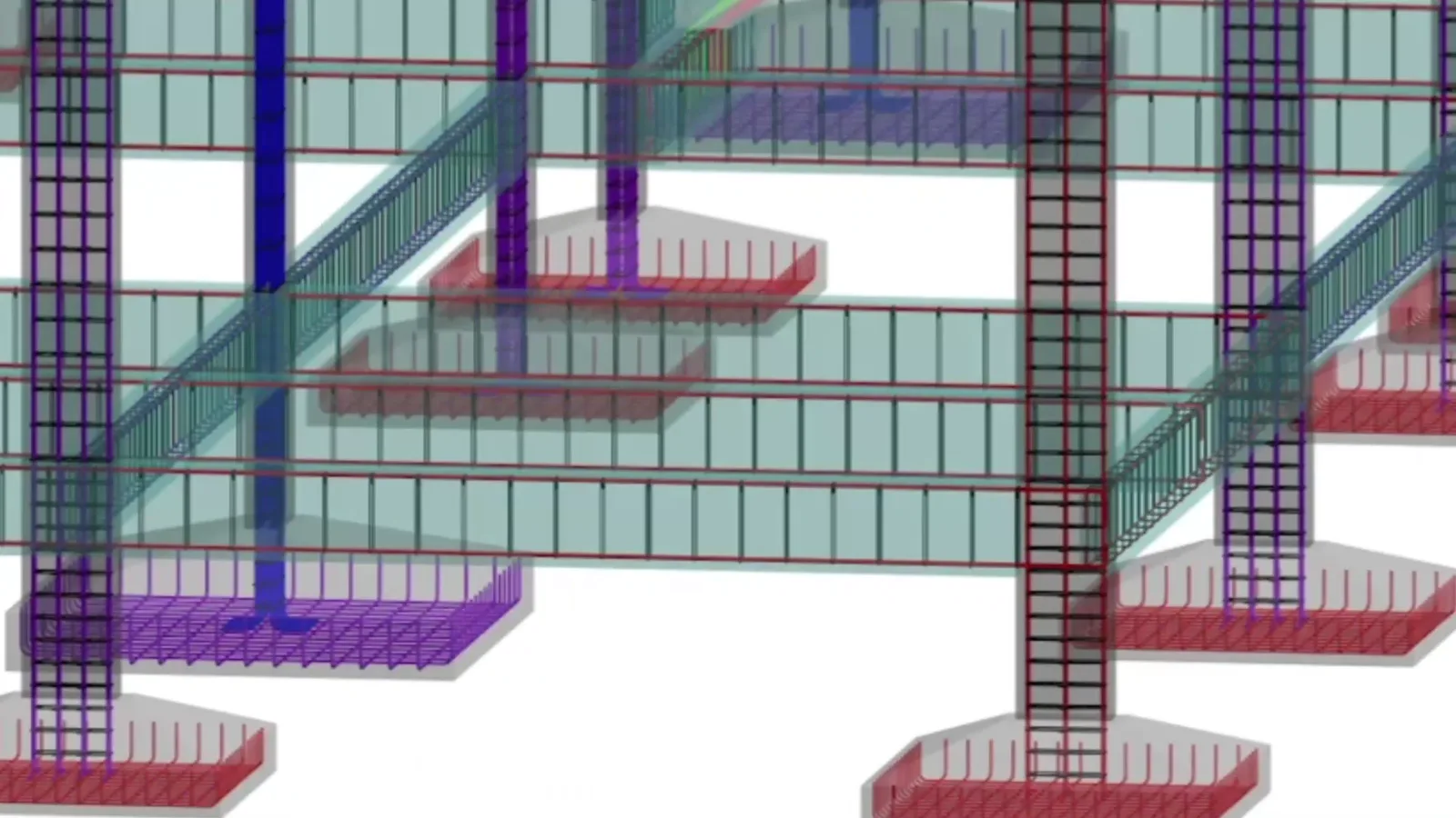 Modelo BIM com blocos de fundação e armaduras